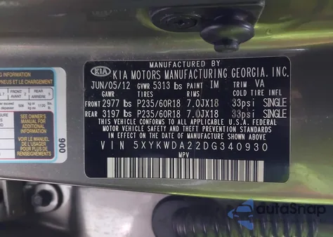 2013 Kia Sorento Sx V6 z USA, uszkodzony, nr VIN 5XYKWDA22DG340930